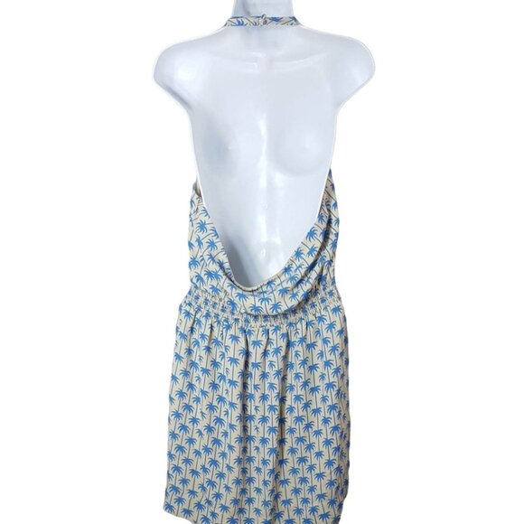 JustFab Halter Dress Tan Blue Large Palm Tree Sleeveless Surplice V Neck NWT - Picture 4 of 7